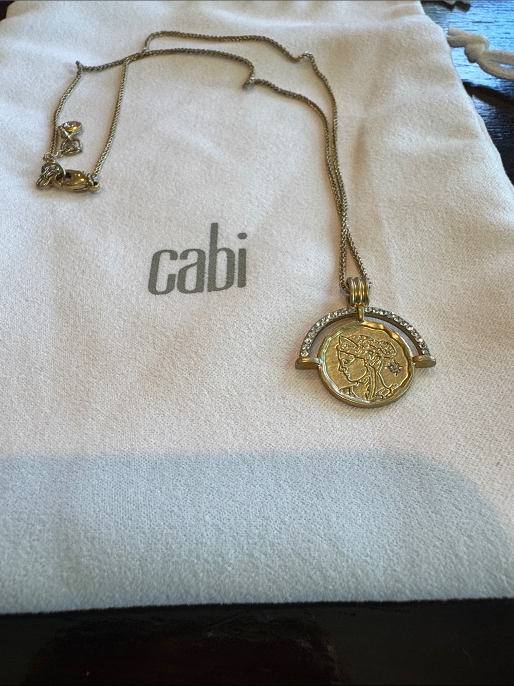 CAbi Gold Coin Pendant Necklace and earrings with Clear Crystal Accents